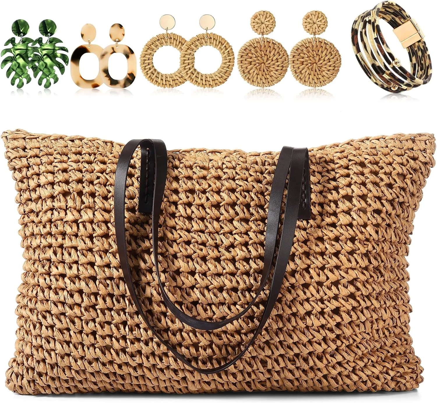 Vacation Purse Set Boho Straw Shoulder Bag Women Crossbody Beach Purse with 4 Rattan Tropical Earrings Leopard Bracelet