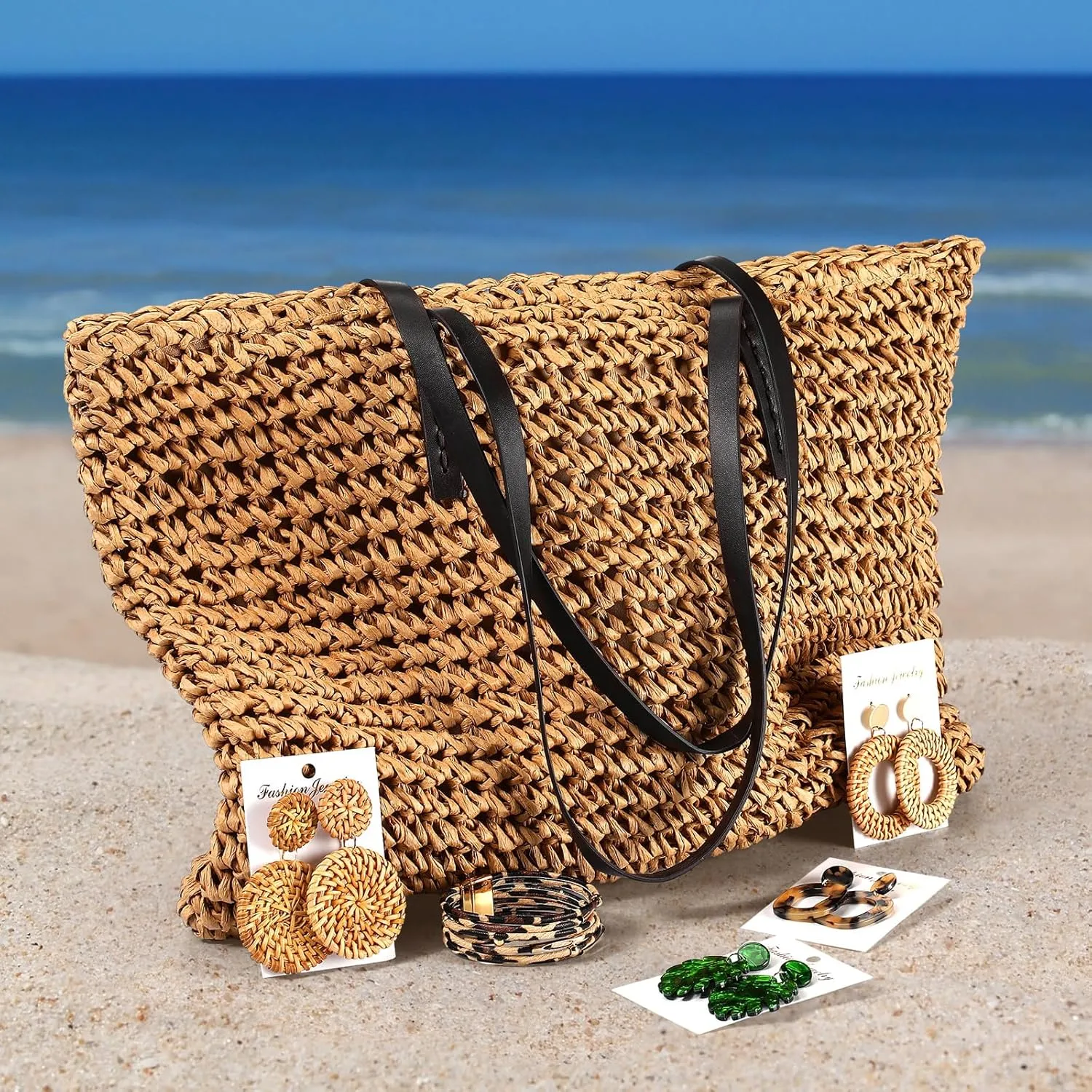Vacation Purse Set Boho Straw Shoulder Bag Women Crossbody Beach Purse with 4 Rattan Tropical Earrings Leopard Bracelet