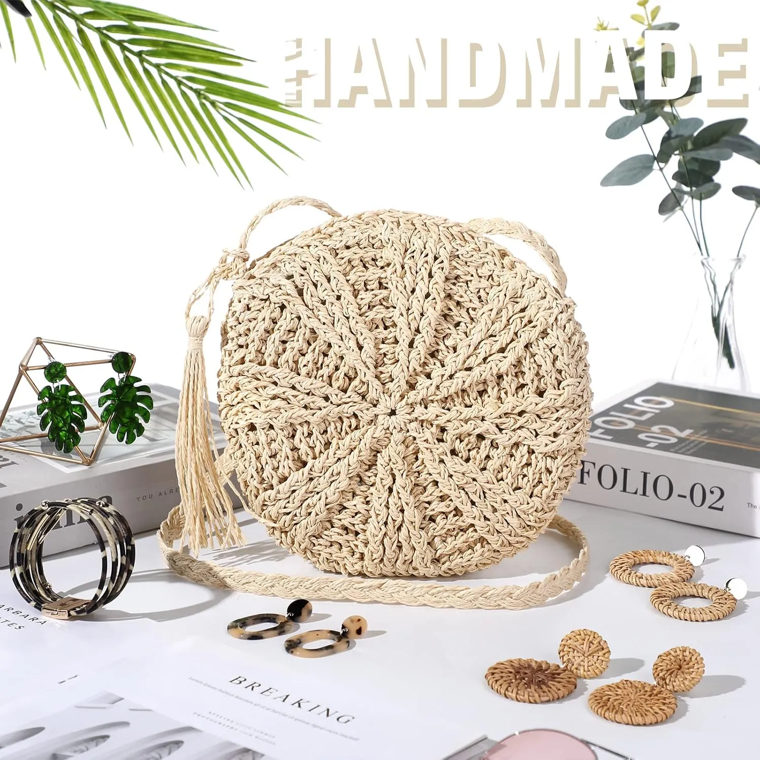 Vacation Purse Set Boho Straw Shoulder Bag Women Crossbody Beach Purse with 4 Rattan Tropical Earrings Leopard Bracelet