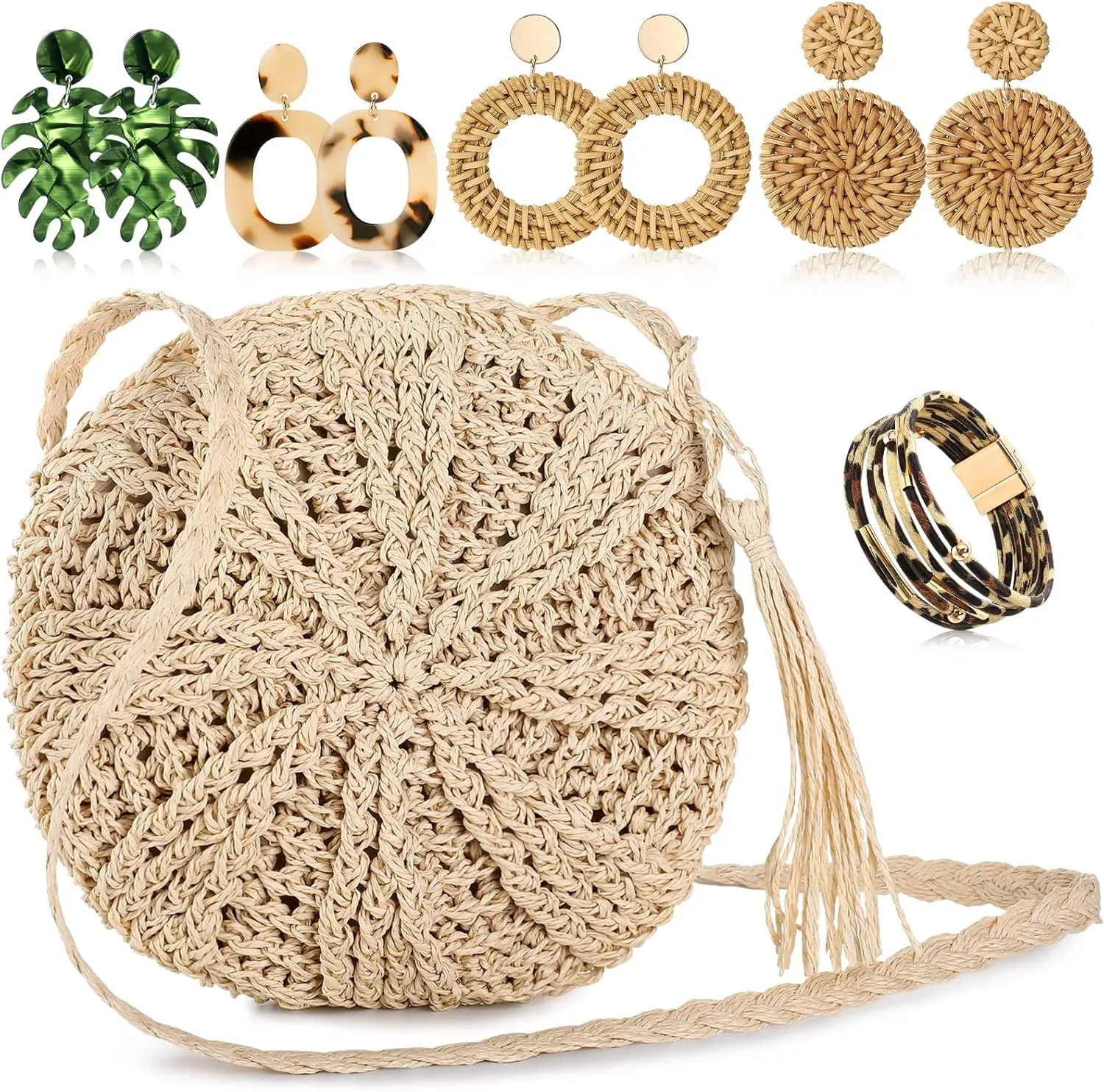 Vacation Purse Set Boho Straw Shoulder Bag Women Crossbody Beach Purse with 4 Rattan Tropical Earrings Leopard Bracelet