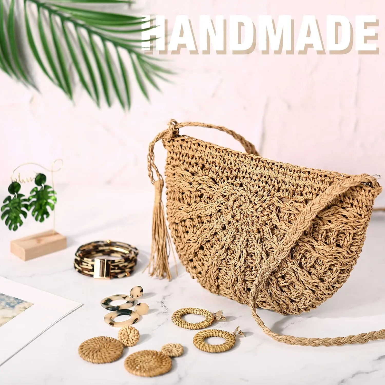 Vacation Purse Set Boho Straw Shoulder Bag Women Crossbody Beach Purse with 4 Rattan Tropical Earrings Leopard Bracelet