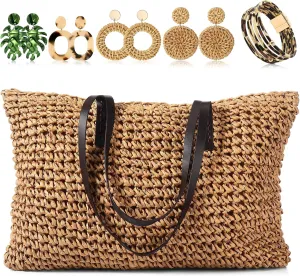Vacation Purse Set Boho Straw Shoulder Bag Women Crossbody Beach Purse with 4 Rattan Tropical Earrings Leopard Bracelet