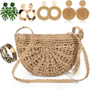 Vacation Purse Set Boho Straw Shoulder Bag Women Crossbody Beach Purse with 4 Rattan Tropical Earrings Leopard Bracelet