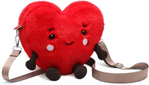 Valentine's Day Heart Plush Bag Heart Shaped Purse Galentine's Red Love Crossbody Bag with Zip Top for Girl Women Valentine's Day Gifts