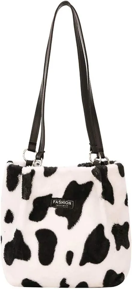 VALICLUD Women Milk Cow Print Clutch Handbag Cow Shoulder Bag Plush Faux Fur Tote Bag Bucket
