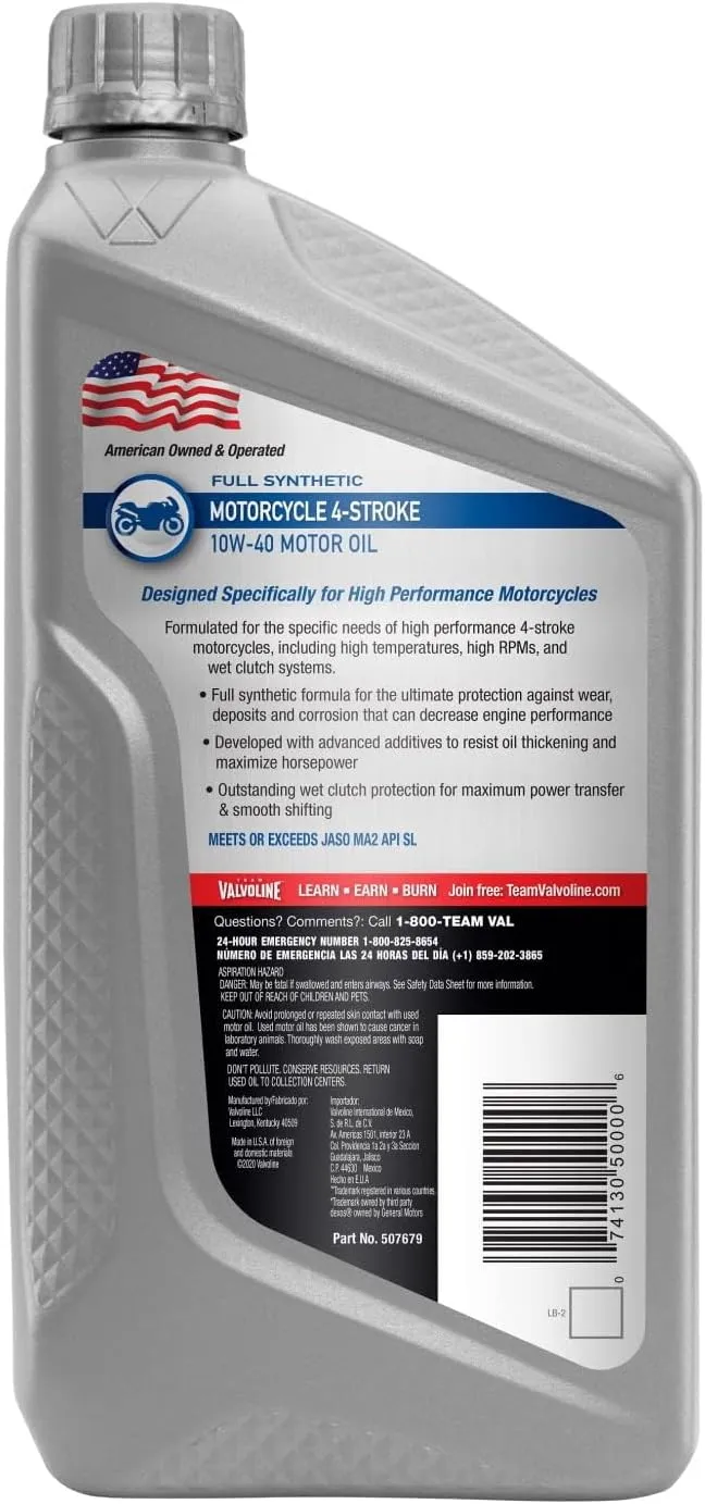 Valvoline 4-Stroke Motorcycle Full Synthetic SAE 10W-40 Motor Oil 1 QT, Case of 6