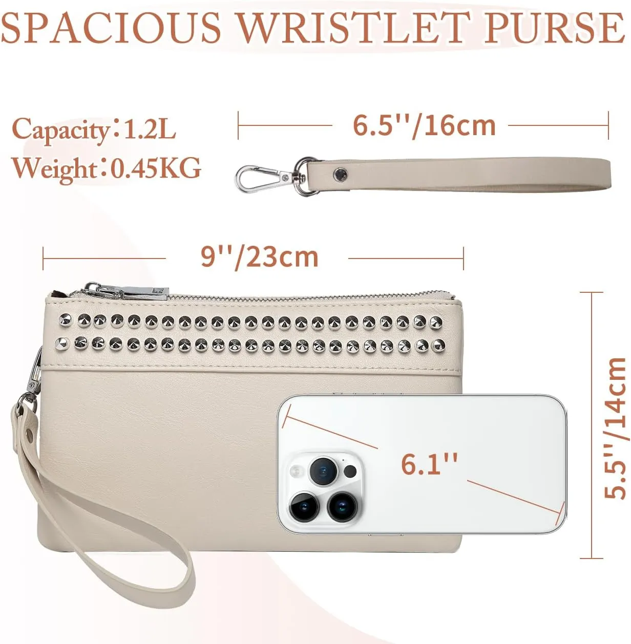 VASCHY Wristlet Clutch Purses, SAC Large Studs Soft Faux Leather Crossbody Evening Clutch Wallet for Women