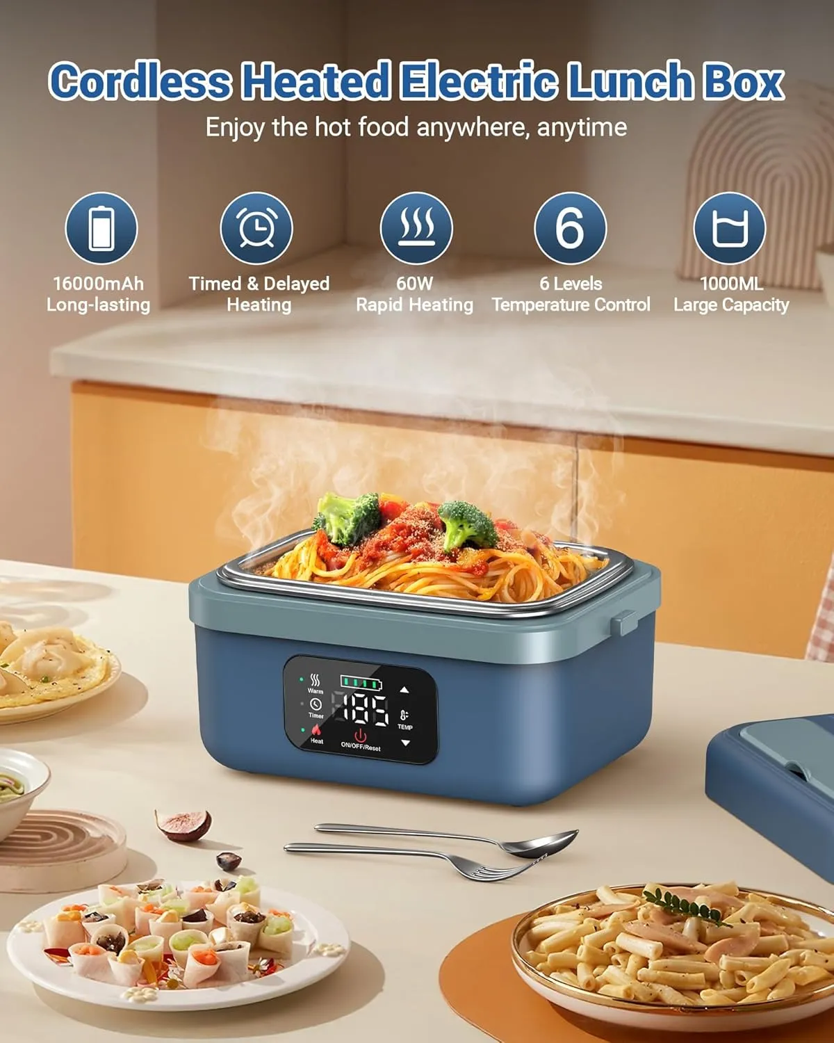 VASG Cordless Electric Lunch Box for Adults, 16000mAh Rechargeable Auto Heated Lunch Box, 1L Portable Self-Heating Food Warmer for Office, Picnic, Car & Outdoor Use