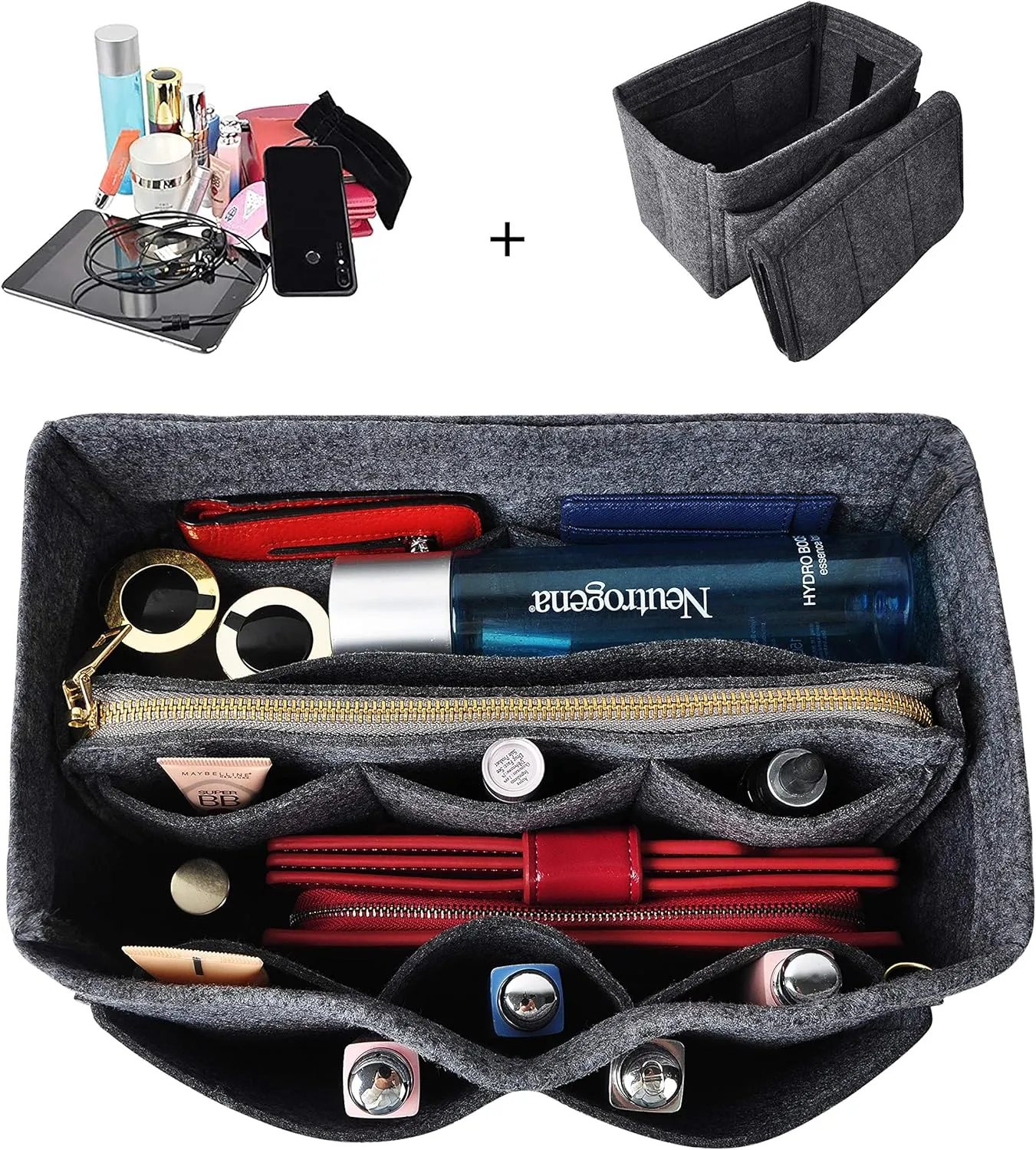 Vercord Felt Organizer Insert For Purse Handbag Tote Bag In Bag Inside Shaper Divider Neo Dark Grey Small