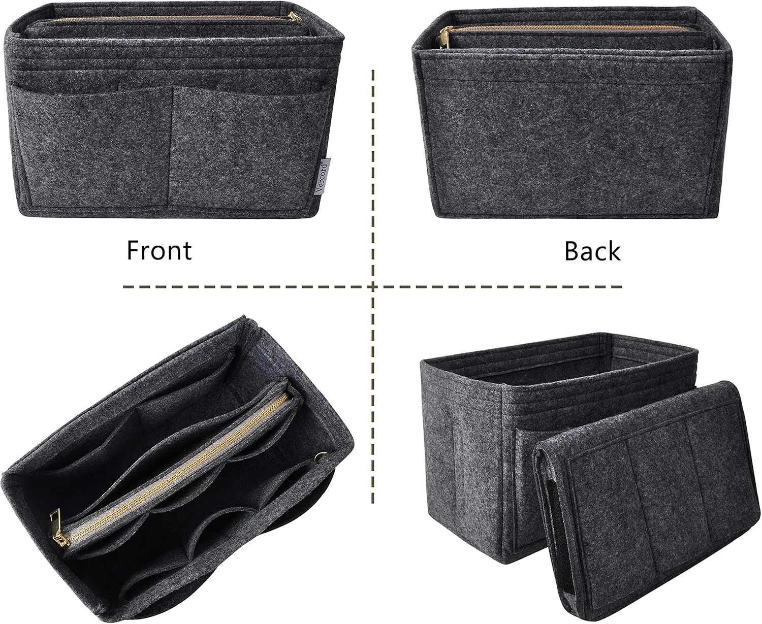 Vercord Felt Organizer Insert For Purse Handbag Tote Bag In Bag Inside Shaper Divider Neo Dark Grey Small