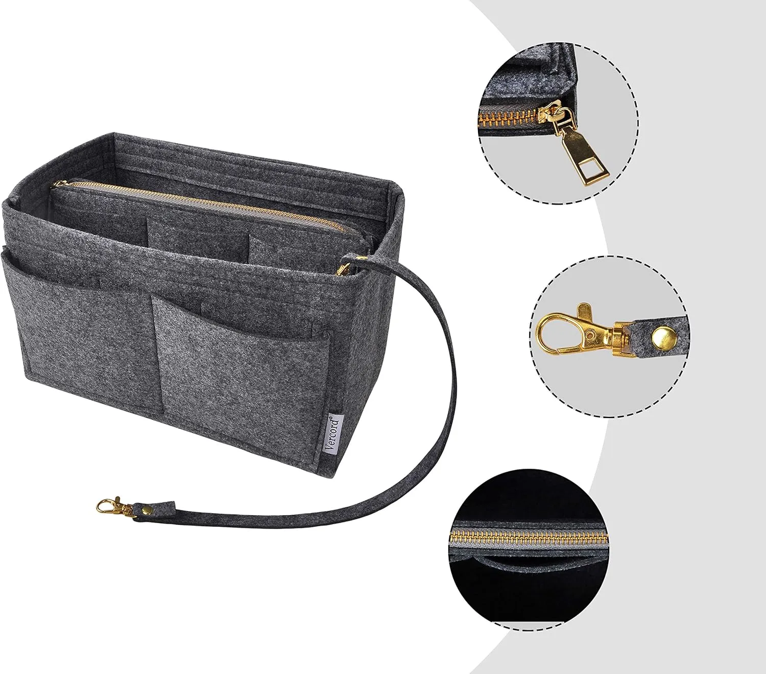 Vercord Felt Organizer Insert For Purse Handbag Tote Bag In Bag Inside Shaper Divider Neo Dark Grey Small