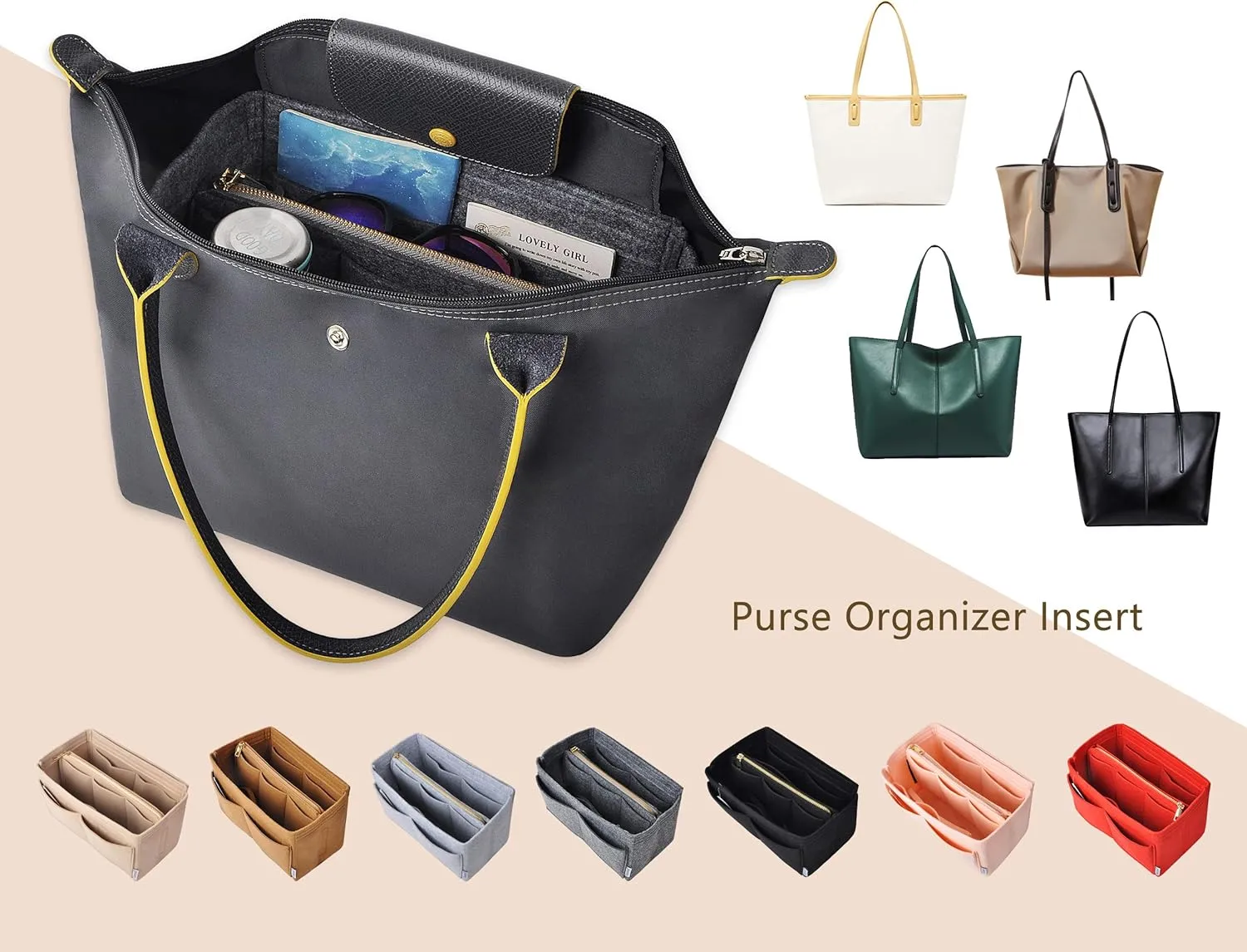 Vercord Felt Organizer Insert For Purse Handbag Tote Bag In Bag Inside Shaper Divider Neo Dark Grey Small