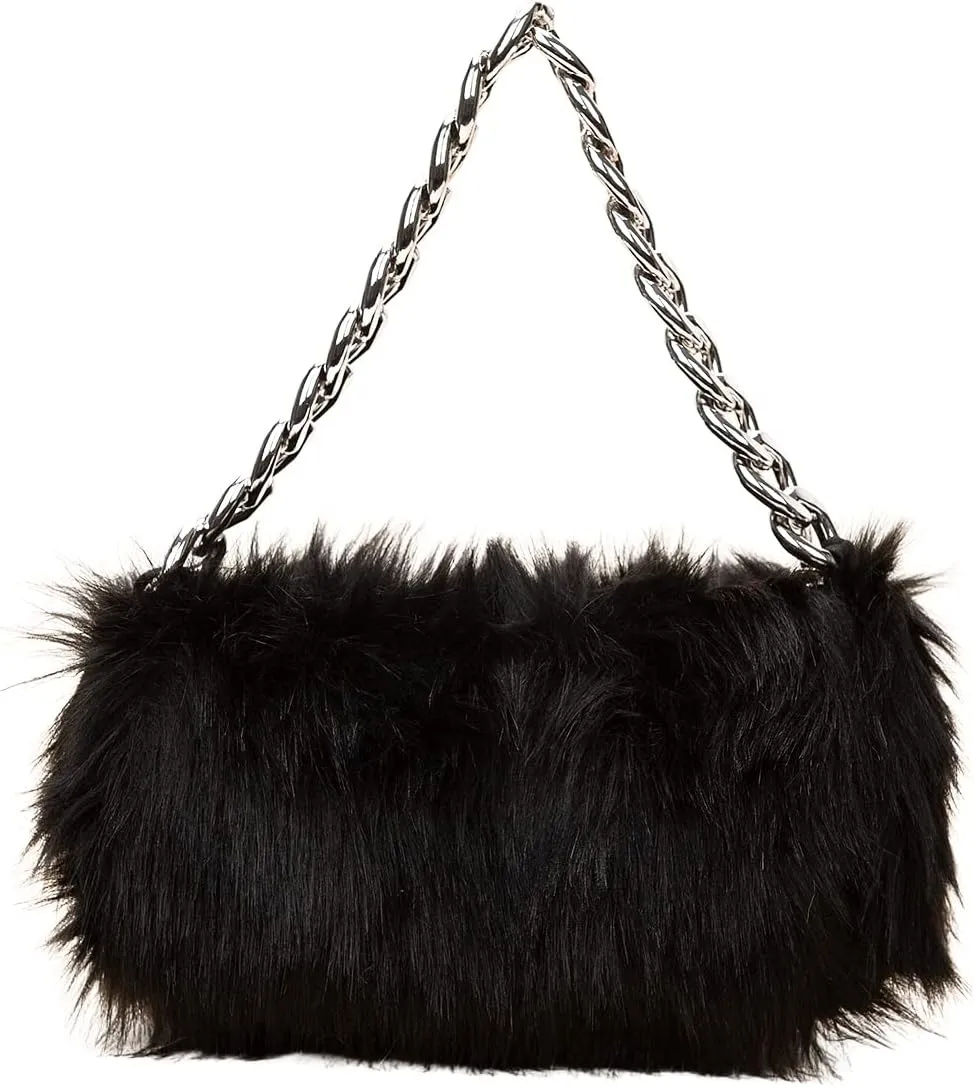 Verdusa Women's Faux Fox Fur Purse Fuzzy One Shoulder Small Square Chain Handbags