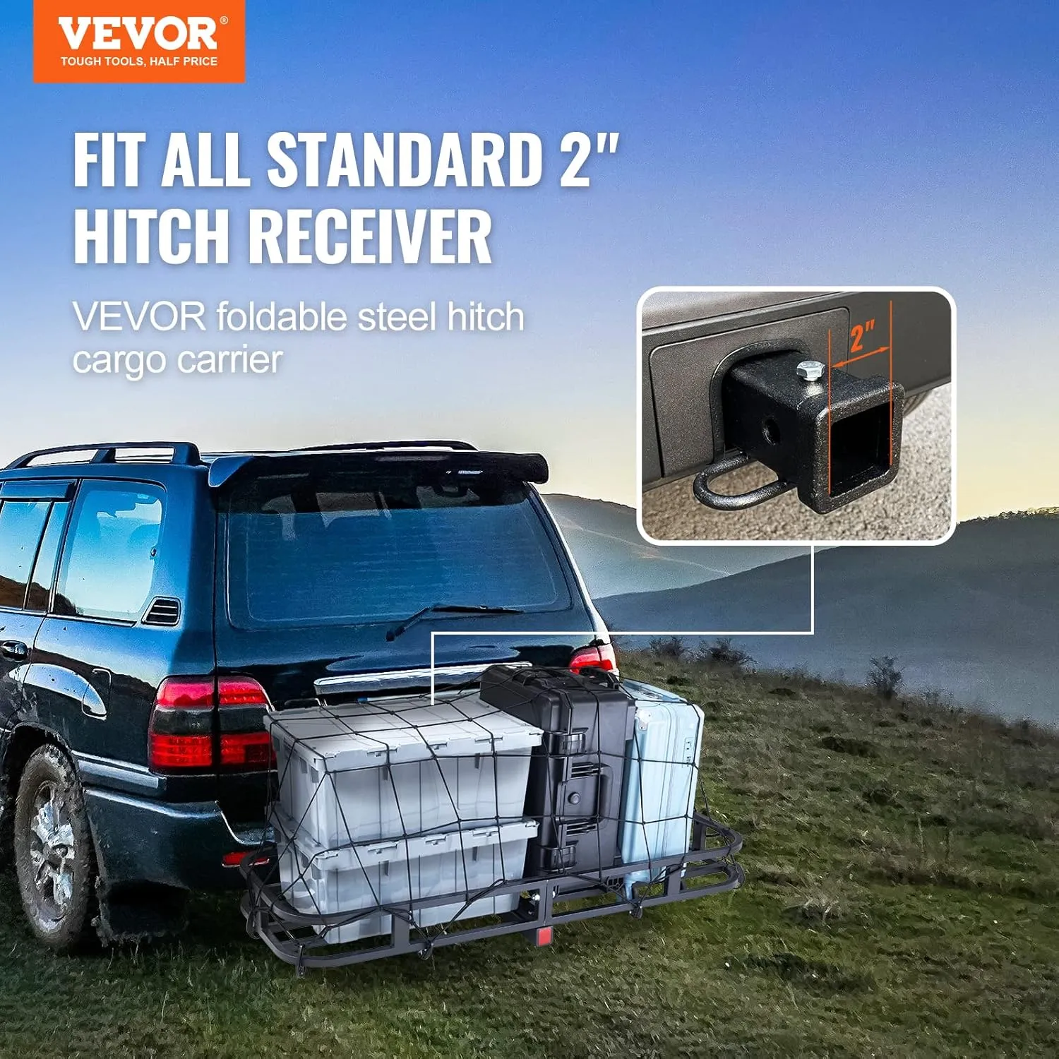 VEVOR 53 x 19 5 in Hitch Cargo Carrier, 500lb Capacity Trailer Mount Basket, Steel Luggage Carrier Rack Fits 2'' Receiver for SUV Truck Pickup with Net, Stabilizer, Straps, Black