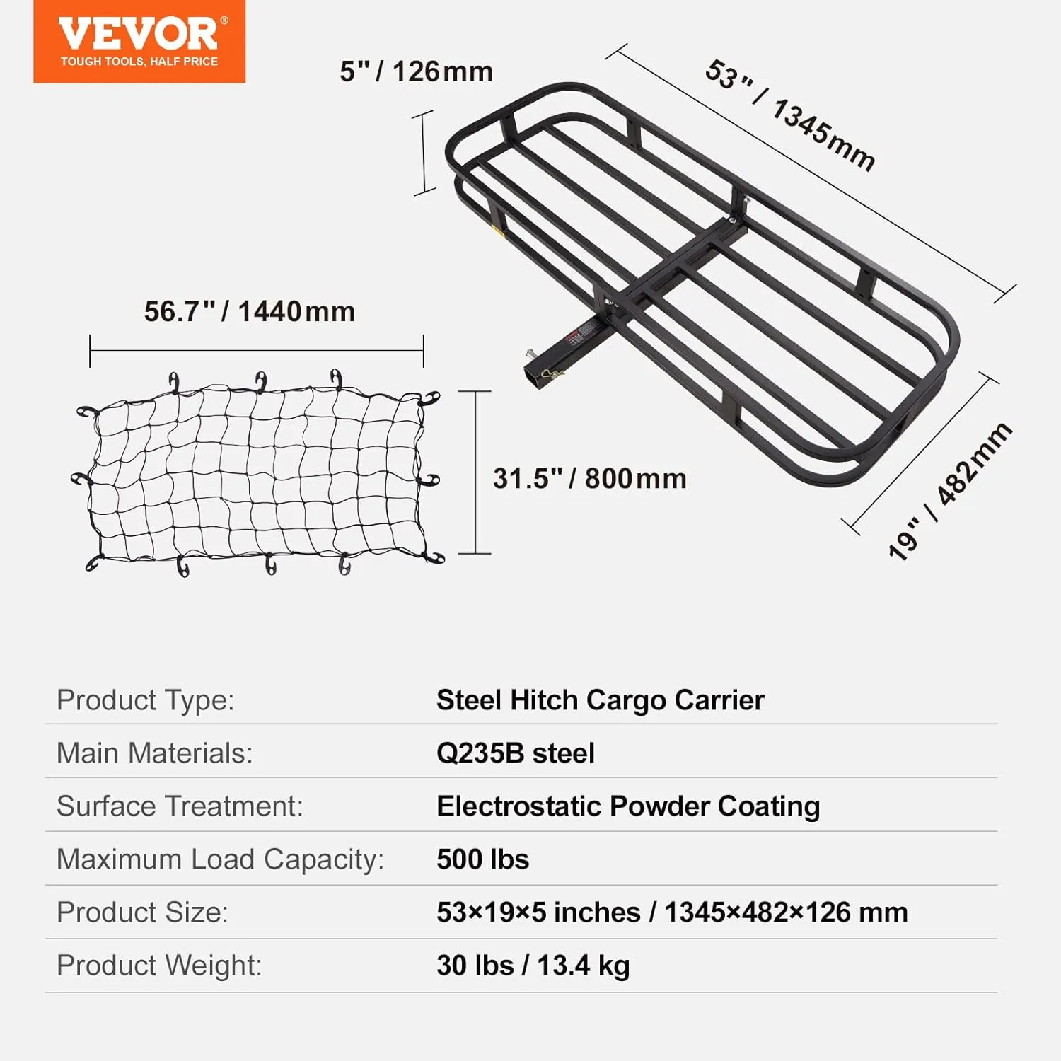 VEVOR 53 x 19 5 in Hitch Cargo Carrier, 500lb Capacity Trailer Mount Basket, Steel Luggage Carrier Rack Fits 2'' Receiver for SUV Truck Pickup with Net, Stabilizer, Straps, Black