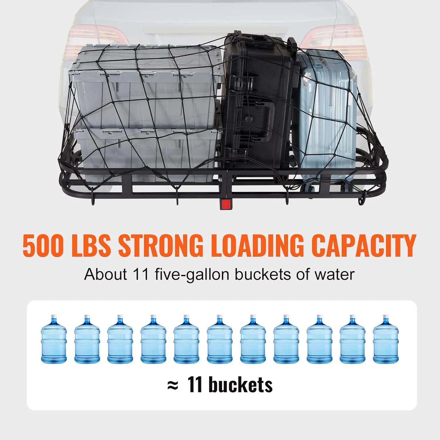 VEVOR 53 x 19 5 in Hitch Cargo Carrier, 500lb Capacity Trailer Mount Basket, Steel Luggage Carrier Rack Fits 2'' Receiver for SUV Truck Pickup with Net, Stabilizer, Straps, Black