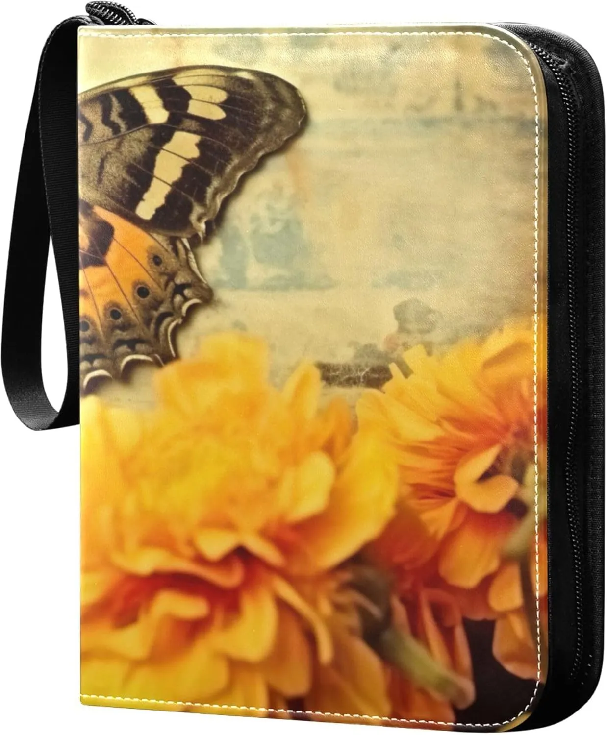 Vintage Butterfly and Flower Card Binder 4 Pocket Collectible Trading Card Albums with 50 Sleeves Double Side PU Waterproof 3 Ring for Sports & Game Cards