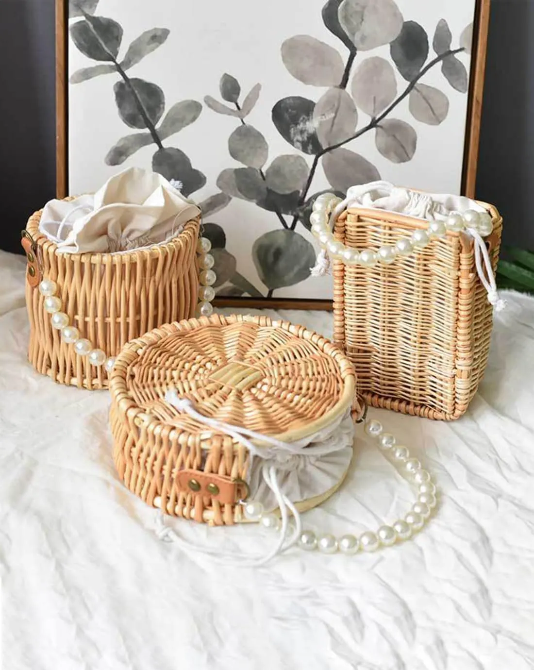 Vintage Handmade Handwoven Pearl Bag Rattan Shoulders Woven Handbags Beach Style Straw Bags