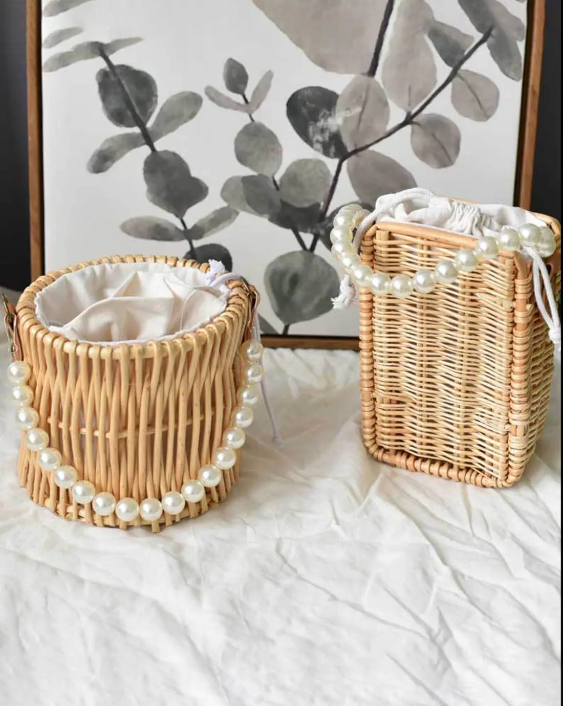 Vintage Handmade Handwoven Pearl Bag Rattan Shoulders Woven Handbags Beach Style Straw Bags