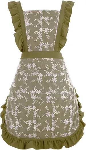 Vintage Pinafore Apron Dress for Women with Pockets Cute Floral Chef Aprons for Kitchen Cooking Baking Gardening