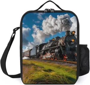 Vintage Steam Engine Locomotive Train Insulated Lunch Bag Reusable Lunch Box Tote Bag Container with Adjustable Shoulder Strap
