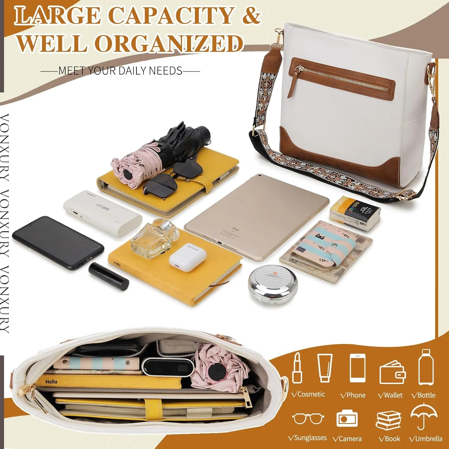 VX VONXURY Crossbody Bag for Women, Trendy Vegan Leather Shoulder Bag, Designer Bucket Bag with 2PCS Adjustable Straps