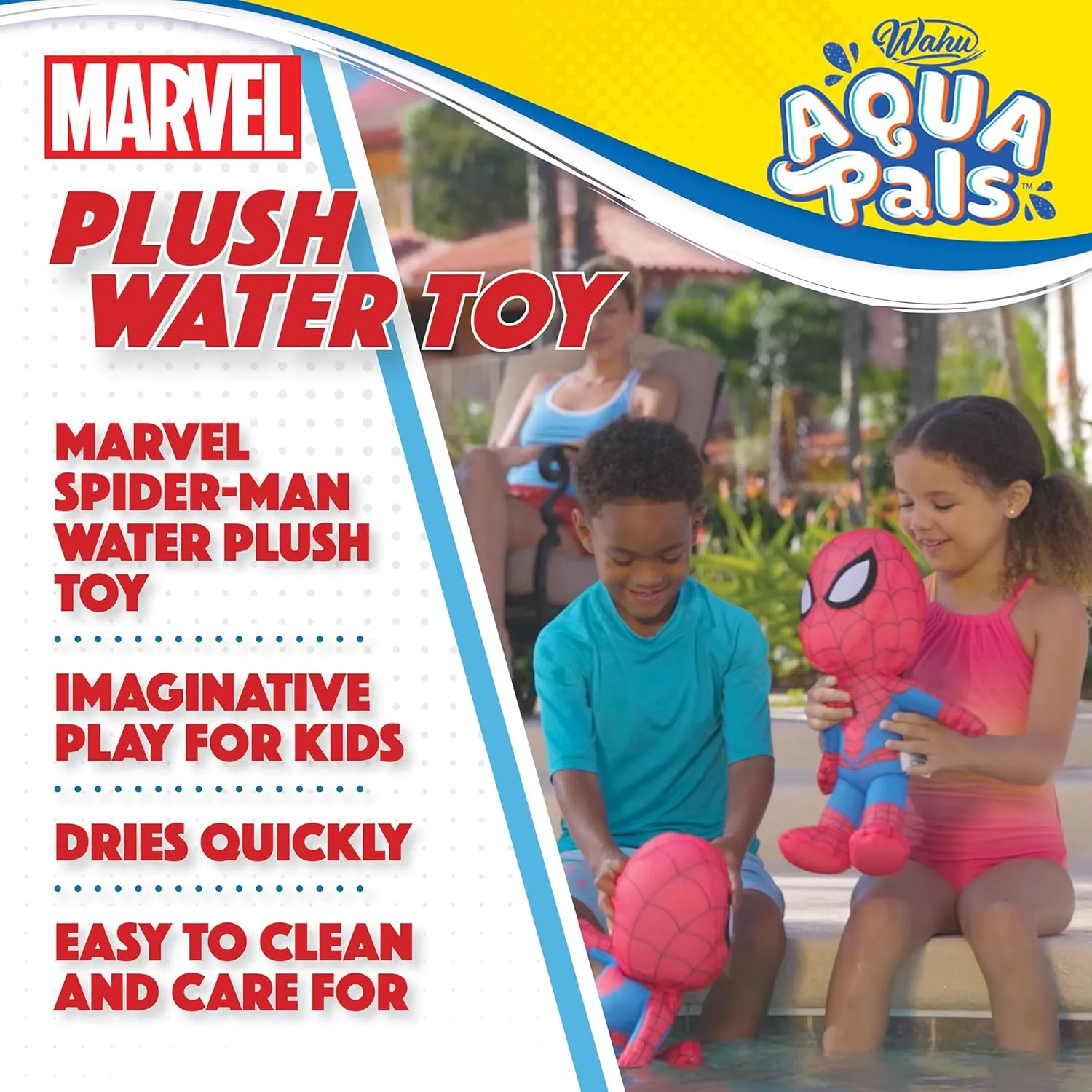 Wahu Aqua Pals Marvel Spider-Man Plush Water Toy for Kids Ages 2  with AquaDry™ Technology, Washable Plush Doll Toy for Pool and Bathtub, Medium, Red/Blue