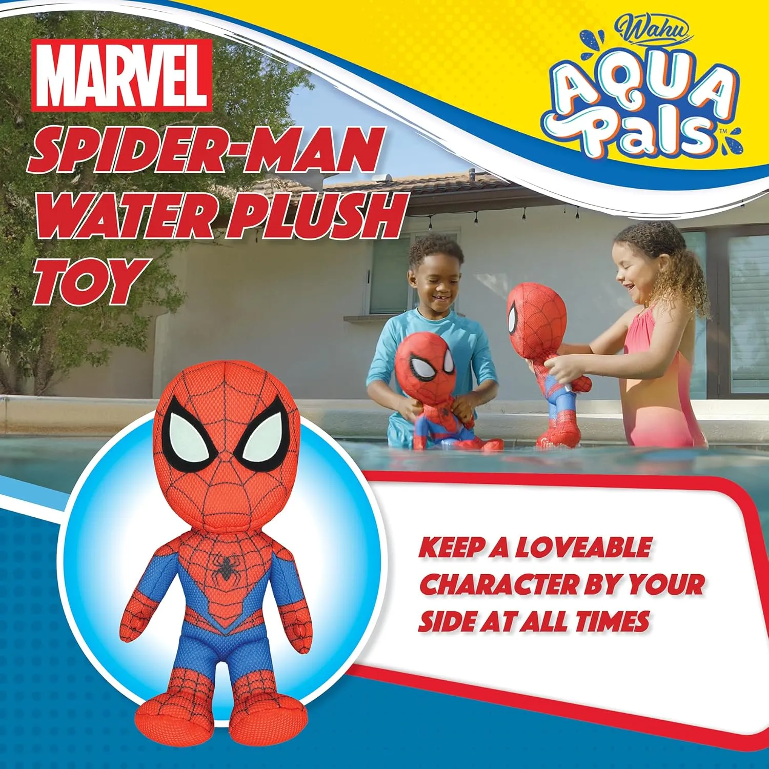 Wahu Aqua Pals Marvel Spider-Man Plush Water Toy for Kids Ages 2  with AquaDry™ Technology, Washable Plush Doll Toy for Pool and Bathtub, Medium, Red/Blue