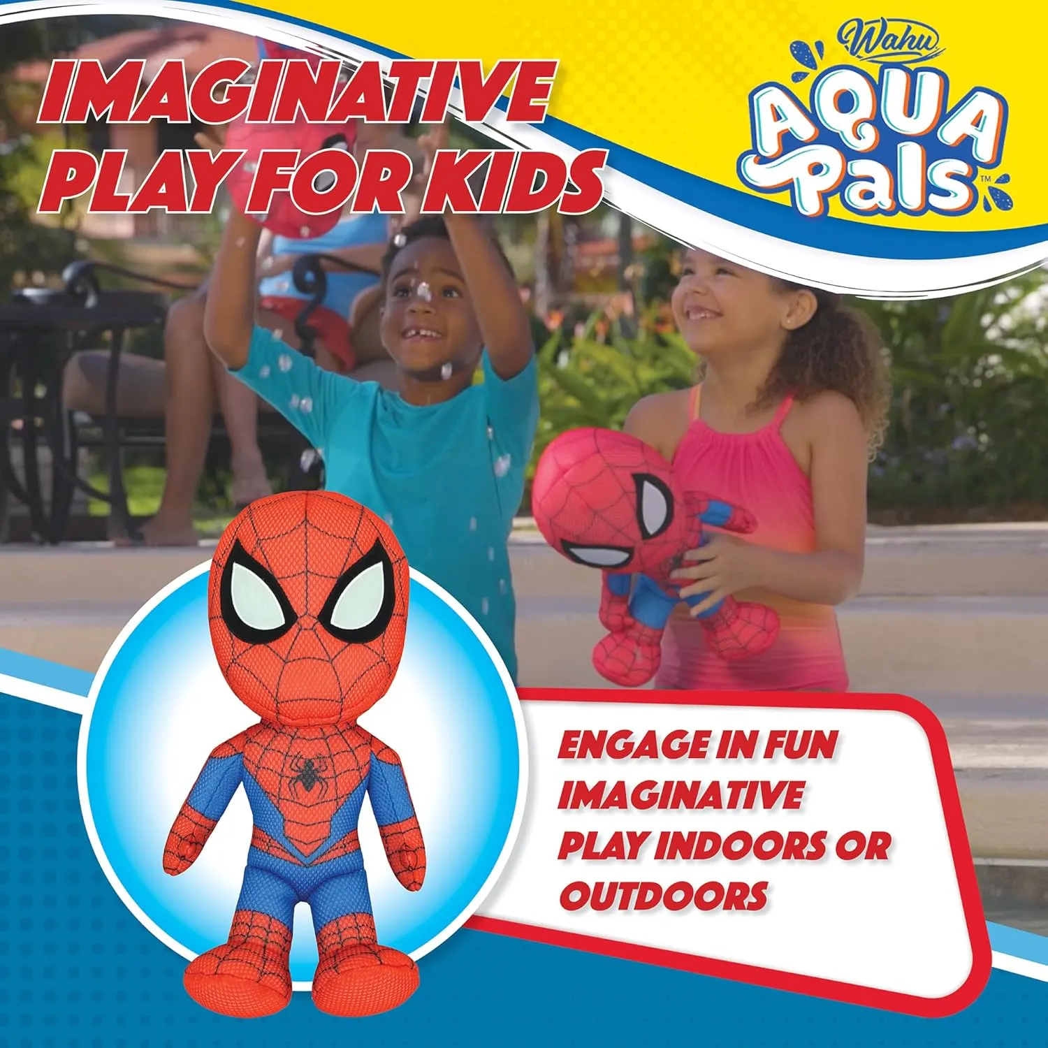Wahu Aqua Pals Marvel Spider-Man Plush Water Toy for Kids Ages 2  with AquaDry™ Technology, Washable Plush Doll Toy for Pool and Bathtub, Medium, Red/Blue