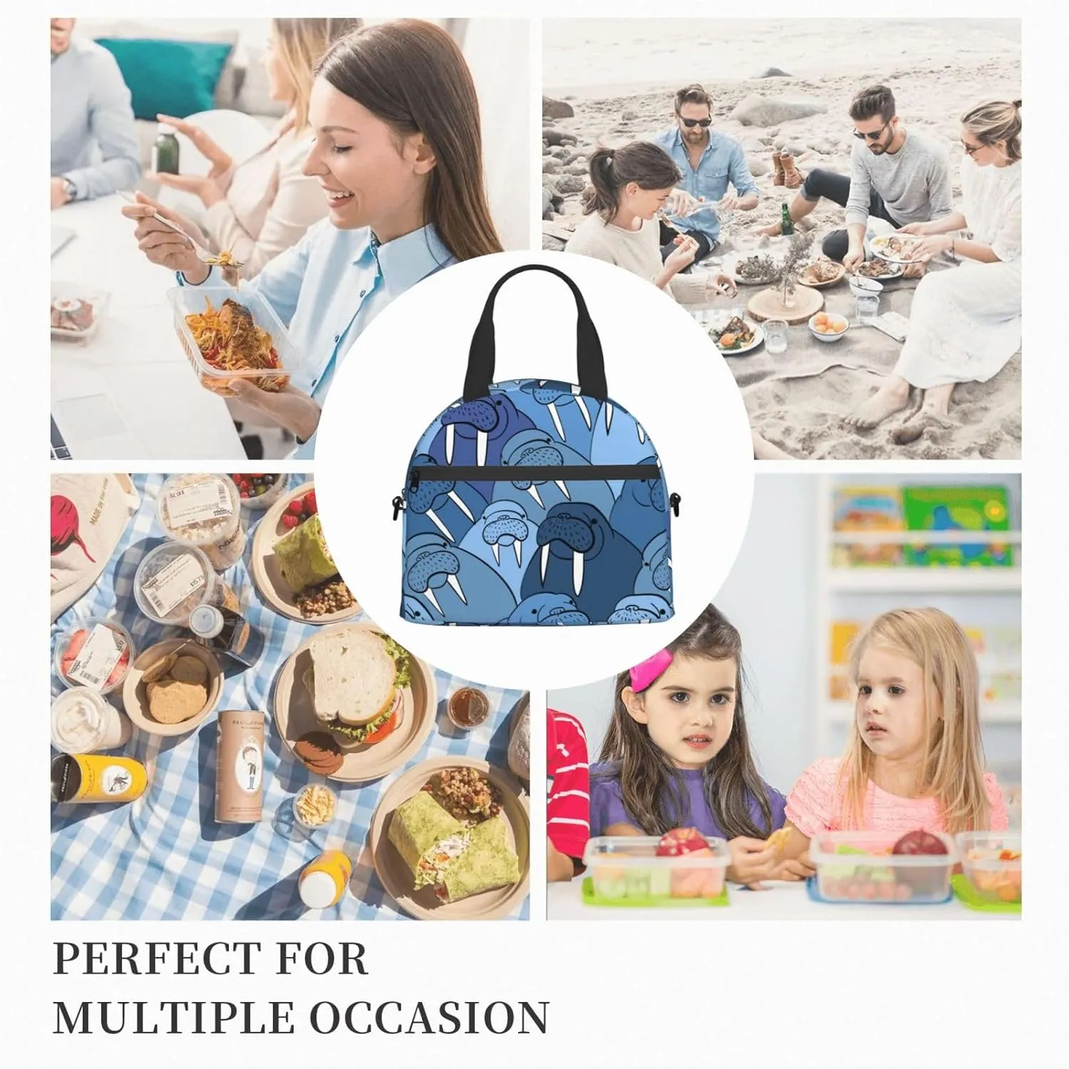 Walrus Cute Animal Nautical Ocean Lunch Bag Hand Tote Crossbody Insulated Lunch Bag Large Portable Lunch Box