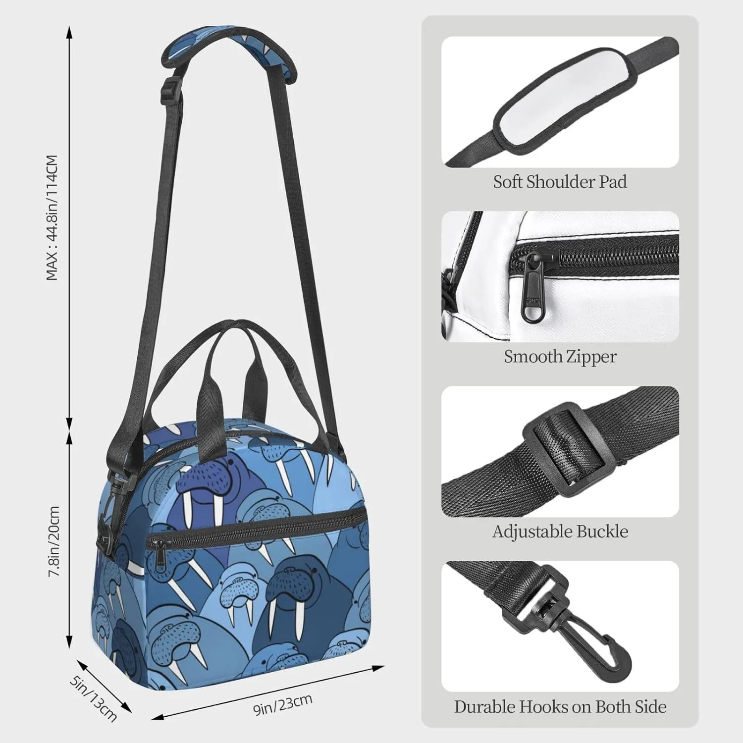 Walrus Cute Animal Nautical Ocean Lunch Bag Hand Tote Crossbody Insulated Lunch Bag Large Portable Lunch Box