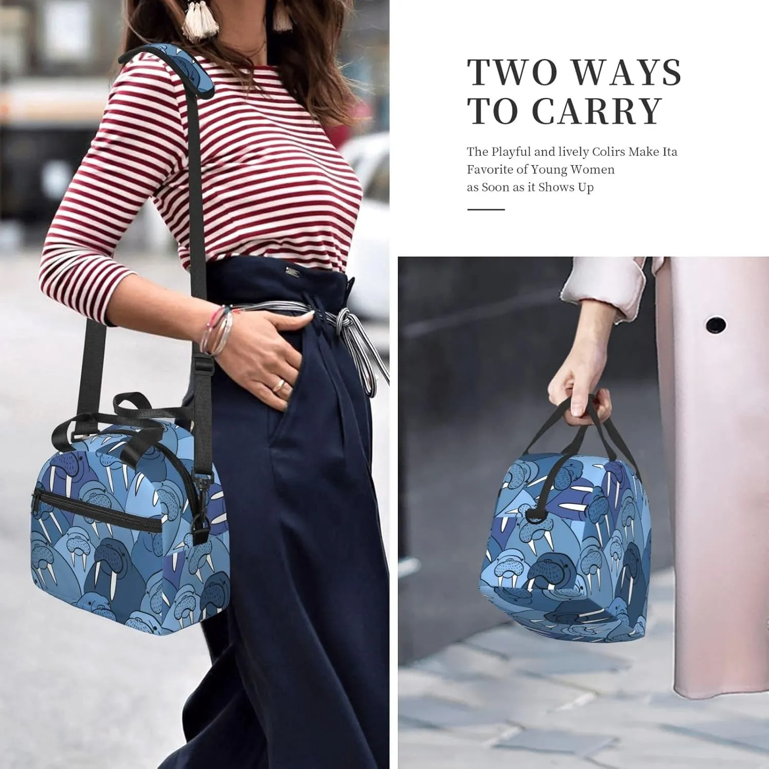 Walrus Cute Animal Nautical Ocean Lunch Bag Hand Tote Crossbody Insulated Lunch Bag Large Portable Lunch Box