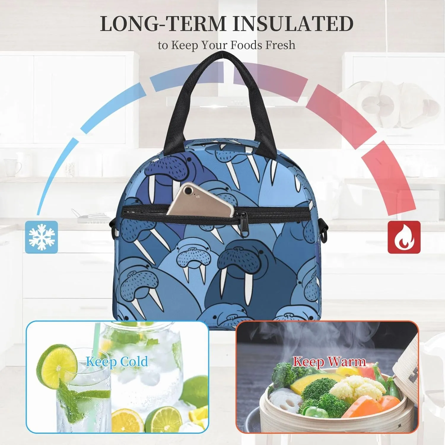 Walrus Cute Animal Nautical Ocean Lunch Bag Hand Tote Crossbody Insulated Lunch Bag Large Portable Lunch Box