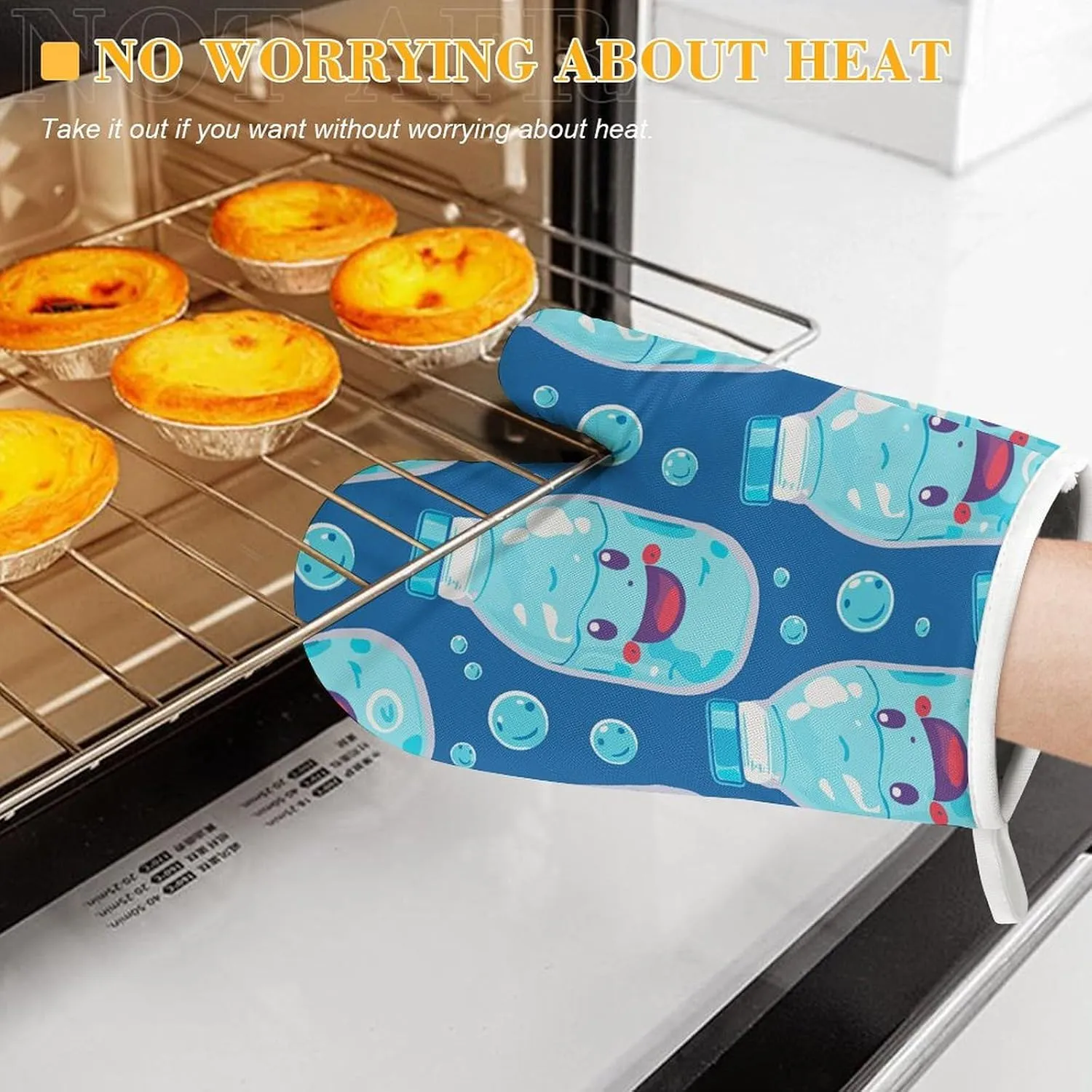Water Bottle Pattern Oven Mitts and Pot Holders 2 Set, Heat Resistant Kitchen Glove with Quilted Liner, Non-Slip Oven Gloves for Baking Cooking