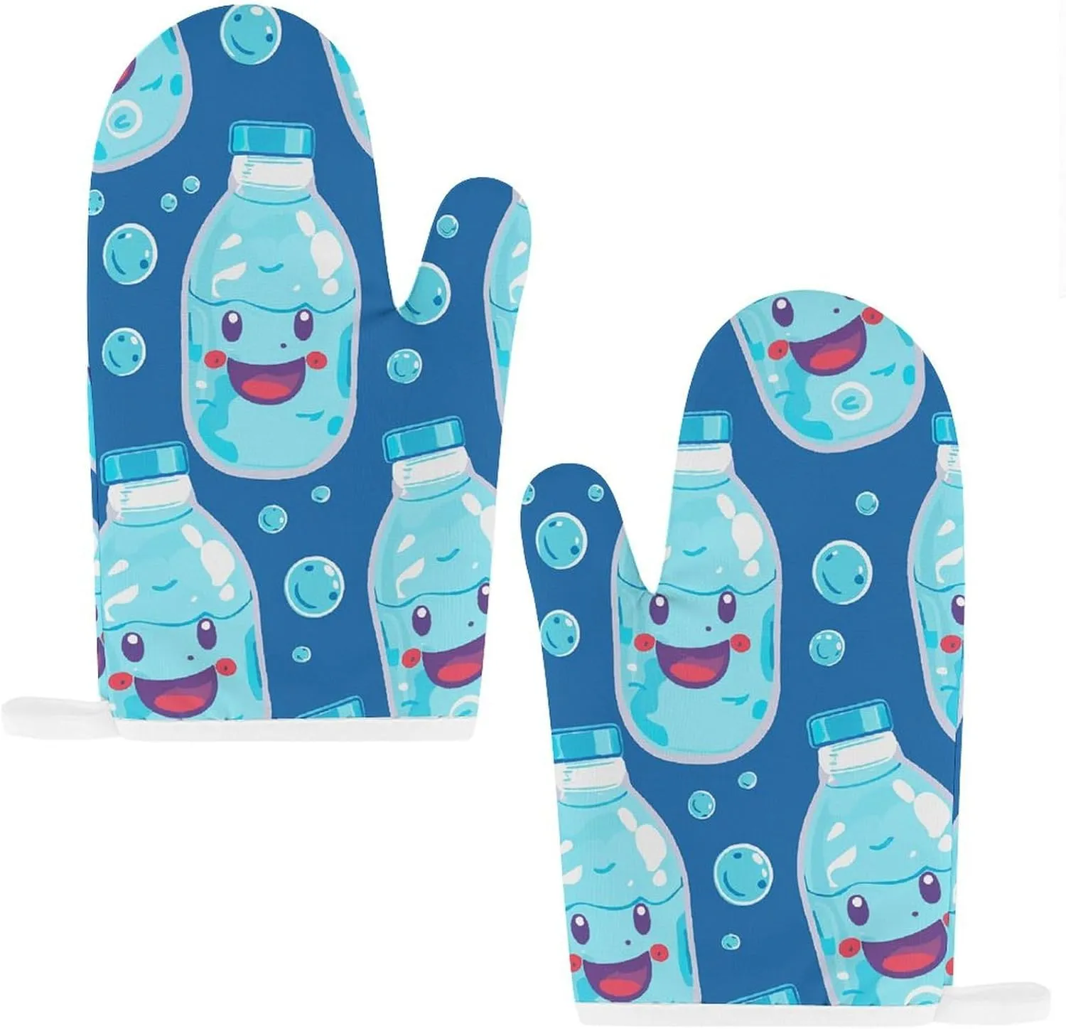 Water Bottle Pattern Oven Mitts and Pot Holders 2 Set, Heat Resistant Kitchen Glove with Quilted Liner, Non-Slip Oven Gloves for Baking Cooking