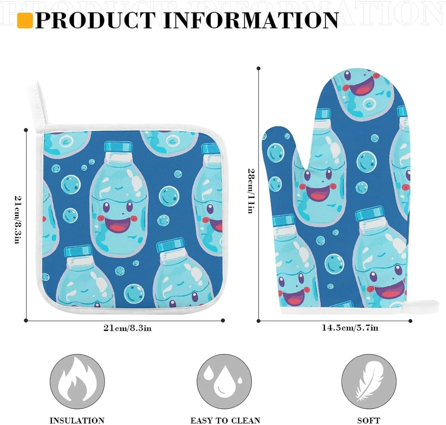Water Bottle Pattern Oven Mitts and Pot Holders 2 Set, Heat Resistant Kitchen Glove with Quilted Liner, Non-Slip Oven Gloves for Baking Cooking