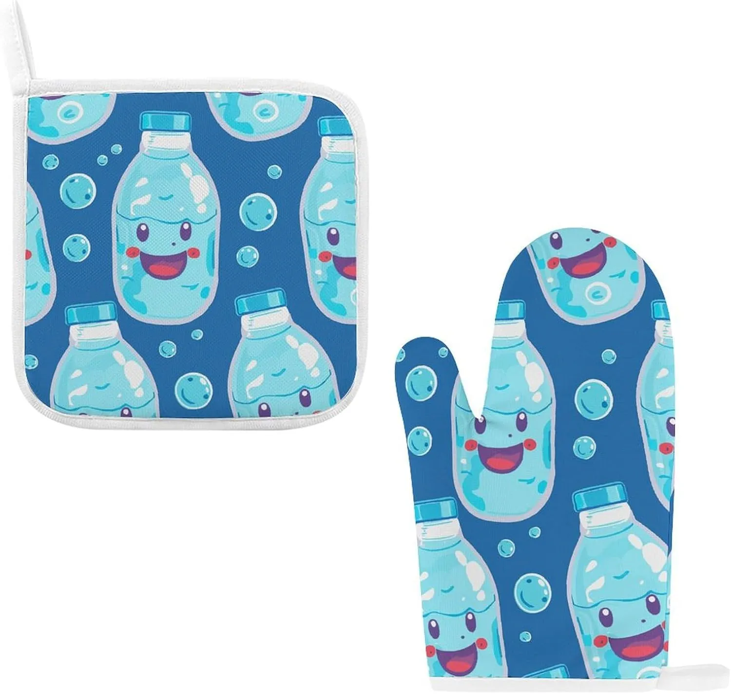 Water Bottle Pattern Oven Mitts and Pot Holders 2 Set, Heat Resistant Kitchen Glove with Quilted Liner, Non-Slip Oven Gloves for Baking Cooking