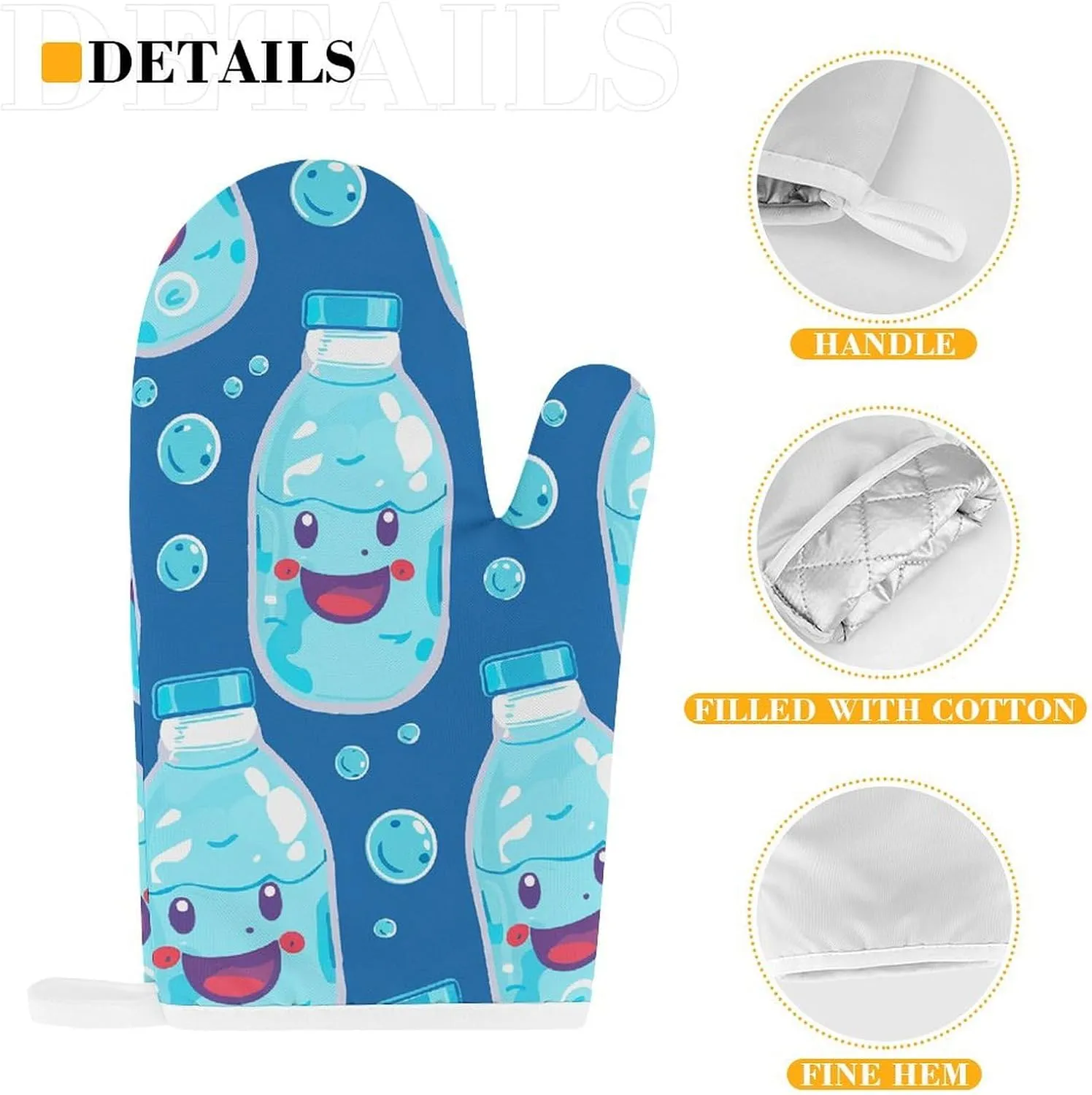 Water Bottle Pattern Oven Mitts and Pot Holders 2 Set, Heat Resistant Kitchen Glove with Quilted Liner, Non-Slip Oven Gloves for Baking Cooking