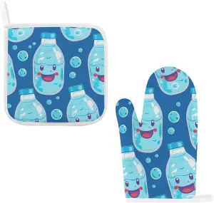 Water Bottle Pattern Oven Mitts and Pot Holders 2 Set, Heat Resistant Kitchen Glove with Quilted Liner, Non-Slip Oven Gloves for Baking Cooking