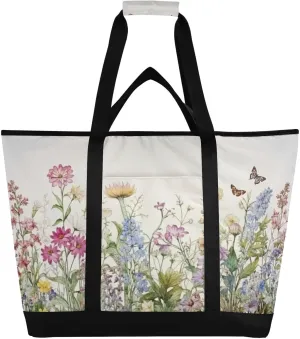 Watercolor Flowers Reusable Insulated Lunchbox Cooler Bag, Leakproof Kitchen Grocery Bag Collapsible Portable Cooler Tote Bag for Picnic, Camping, Office, Travel