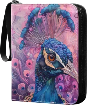 Watercolor Peacock Card Binder 4 Pocket Collectible Trading Card Albums with 50 Sleeves Double Side PU Waterproof 3 Ring for Sports & Game Cards