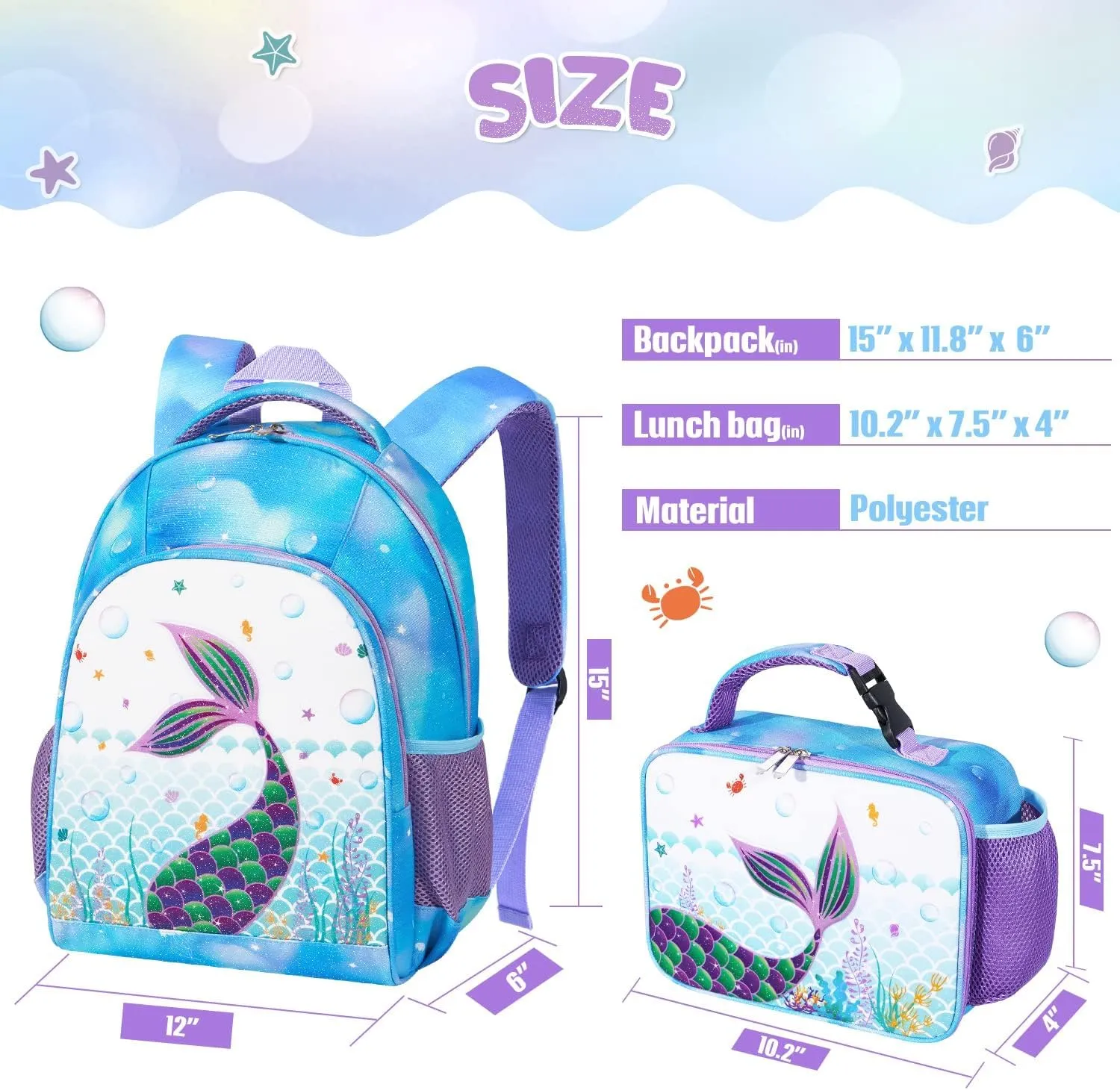 WAWSAM PVC Mermaid Kids Backpack Set - Glitter School Backpack with Lunch Bag for Girls Toddler Preschool Kindergarten Elementary 15' Travel 3D Blue Book Bag Insulated Lunch Tote