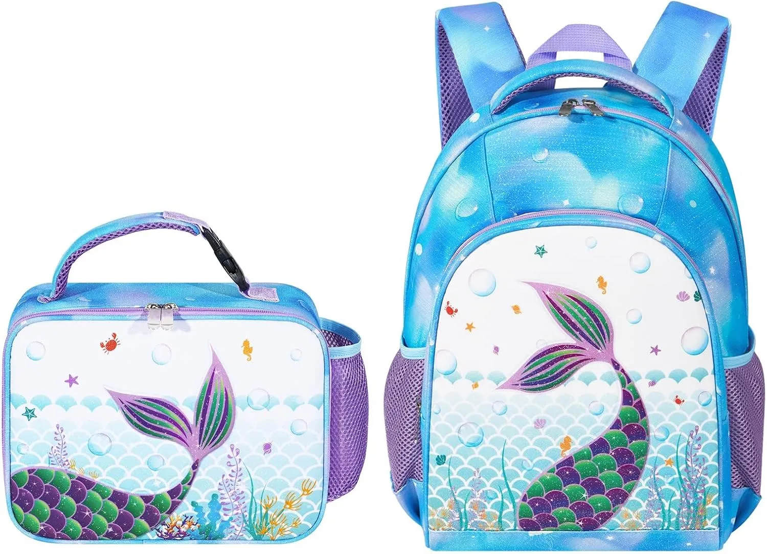 WAWSAM PVC Mermaid Kids Backpack Set - Glitter School Backpack with Lunch Bag for Girls Toddler Preschool Kindergarten Elementary 15' Travel 3D Blue Book Bag Insulated Lunch Tote