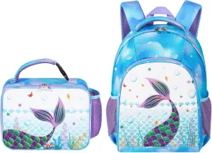 WAWSAM PVC Mermaid Kids Backpack Set - Glitter School Backpack with Lunch Bag for Girls Toddler Preschool Kindergarten Elementary 15' Travel 3D Blue Book Bag Insulated Lunch Tote