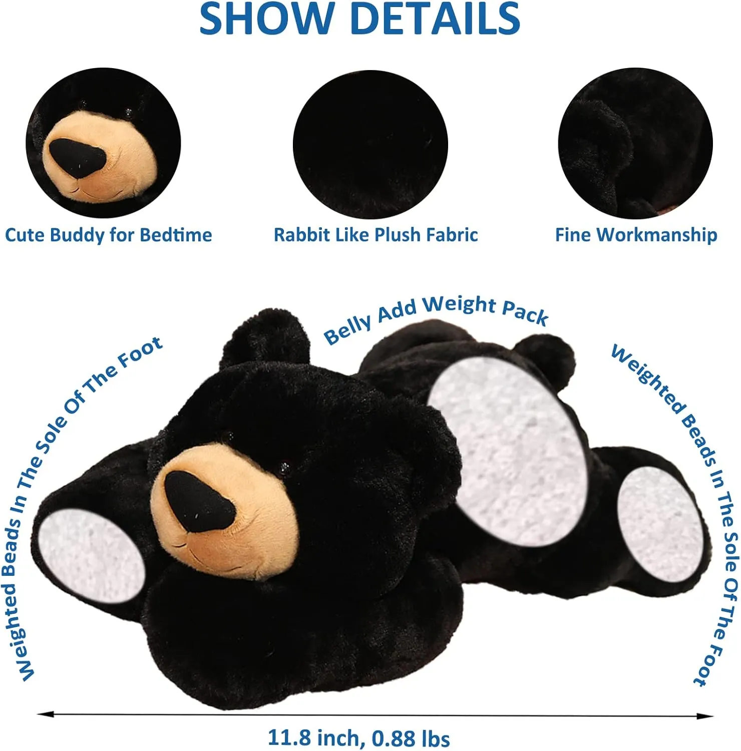 Weighted Stuffed Animals, Weighted Bear Stuffed Animal Toy Cute Black Bear Plush Pillow Weighted Plush Animals Toy, 11.8"