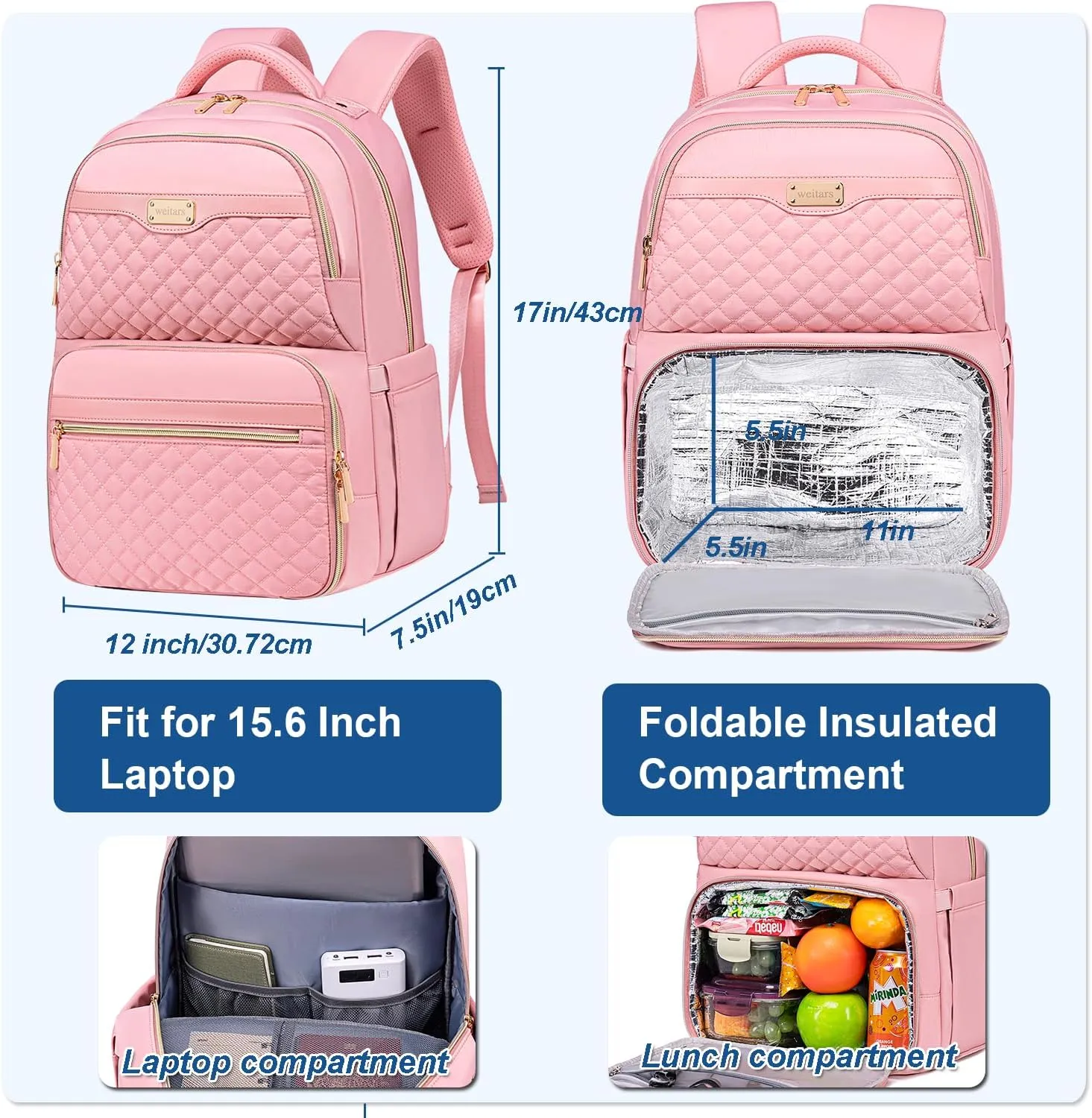 Weitars Lunch Backpack, Insulated Cooler Backpack 15.6 Inch Laptop Backpack For Women Men For Women Nurses Teacher Gifts for College Work Beach Camping Picnics Travel