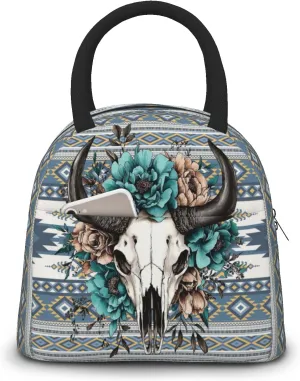Western Aztec Lunch Bag for Woman Cow Skull Floral Print Insulated Cooler Bag Reusable Portable Thermal Lunch Tote for Work Camping Picnic Beach Home Restaurant Office Hiking Outdoor