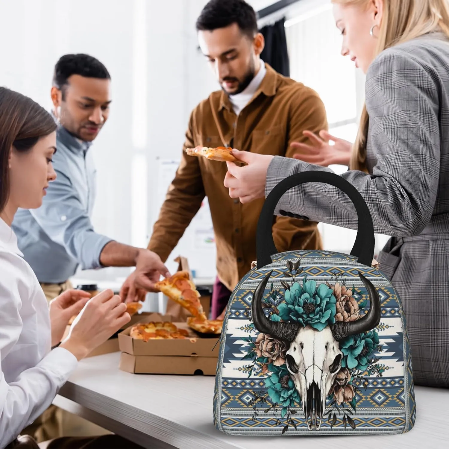 Western Aztec Lunch Bag for Woman Cow Skull Floral Print Insulated Cooler Bag Reusable Portable Thermal Lunch Tote for Work Camping Picnic Beach Home Restaurant Office Hiking Outdoor