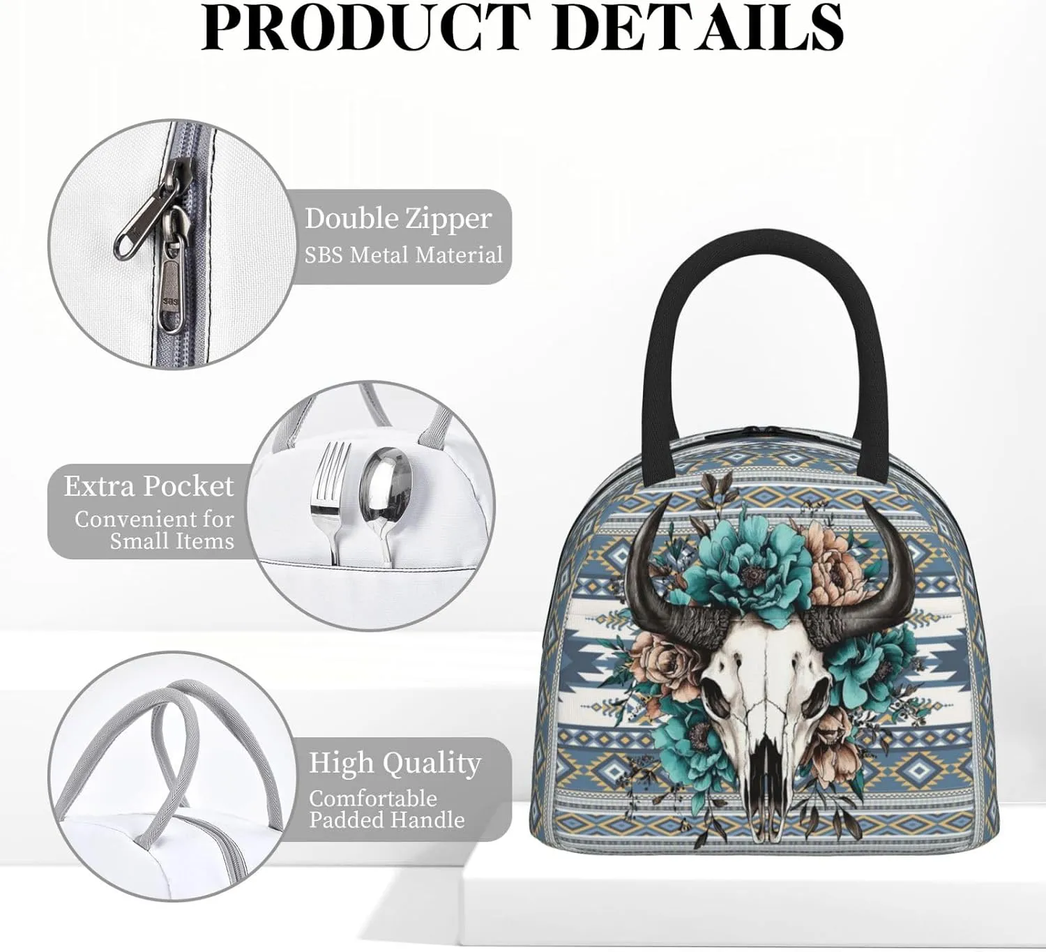 Western Aztec Lunch Bag for Woman Cow Skull Floral Print Insulated Cooler Bag Reusable Portable Thermal Lunch Tote for Work Camping Picnic Beach Home Restaurant Office Hiking Outdoor