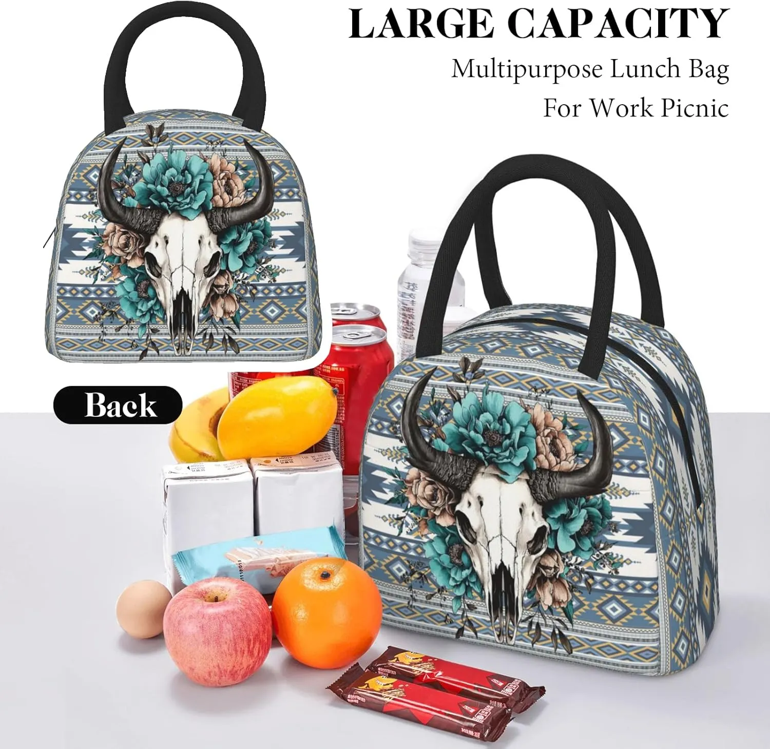 Western Aztec Lunch Bag for Woman Cow Skull Floral Print Insulated Cooler Bag Reusable Portable Thermal Lunch Tote for Work Camping Picnic Beach Home Restaurant Office Hiking Outdoor